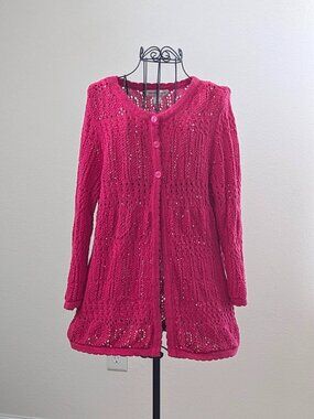 Christopher & Banks Pink Open Knit Cardigan L Ramie Cotton